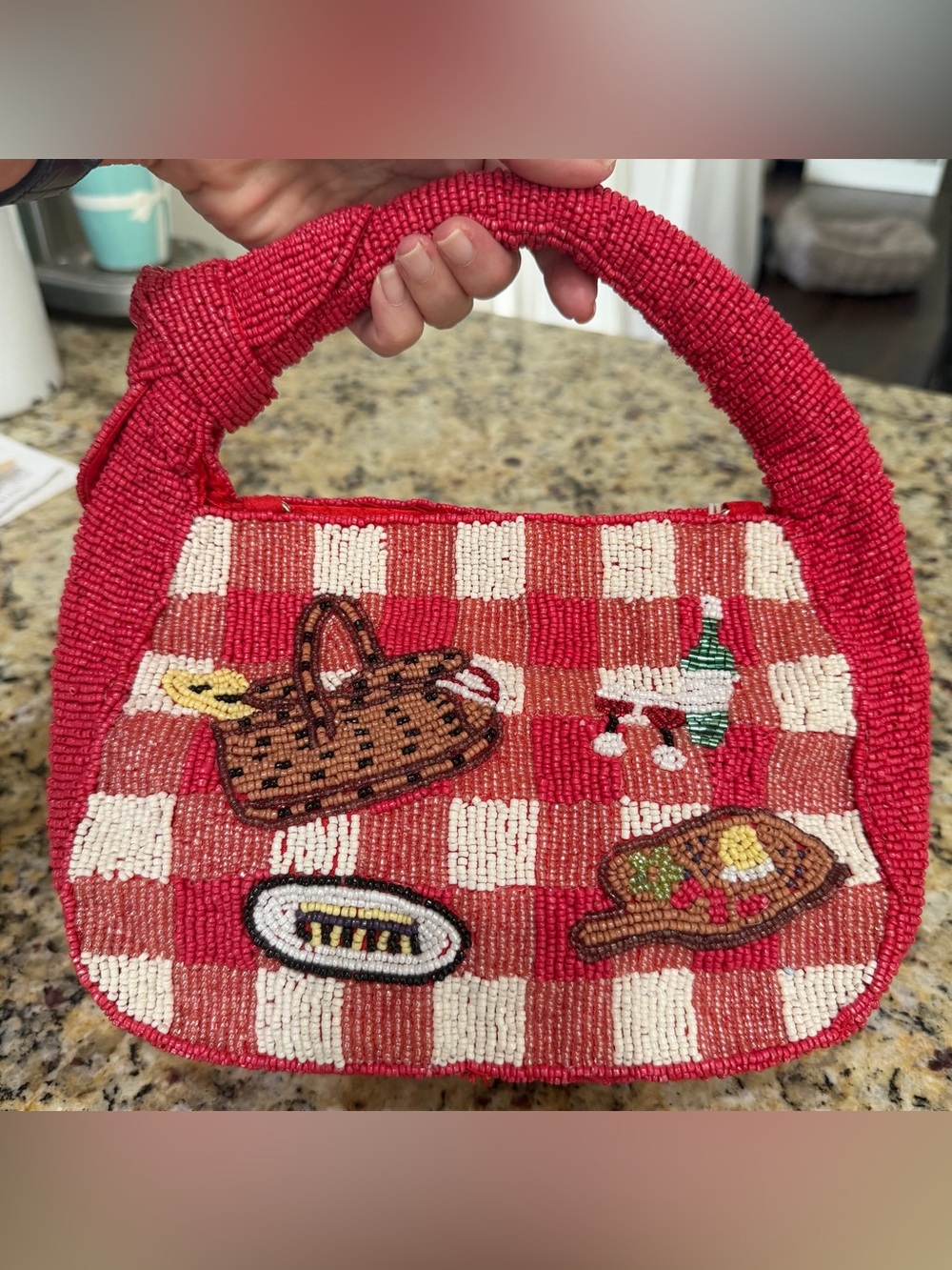 NWT Viral Sol and Mer Beaded Red Gingham Picnic Clutch Bag Crossbody Wine Chees